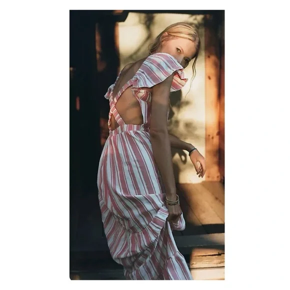 NWOT Anthropologie Maeve Cross Back Halter Tiered Maxi Dress in Red & White  S